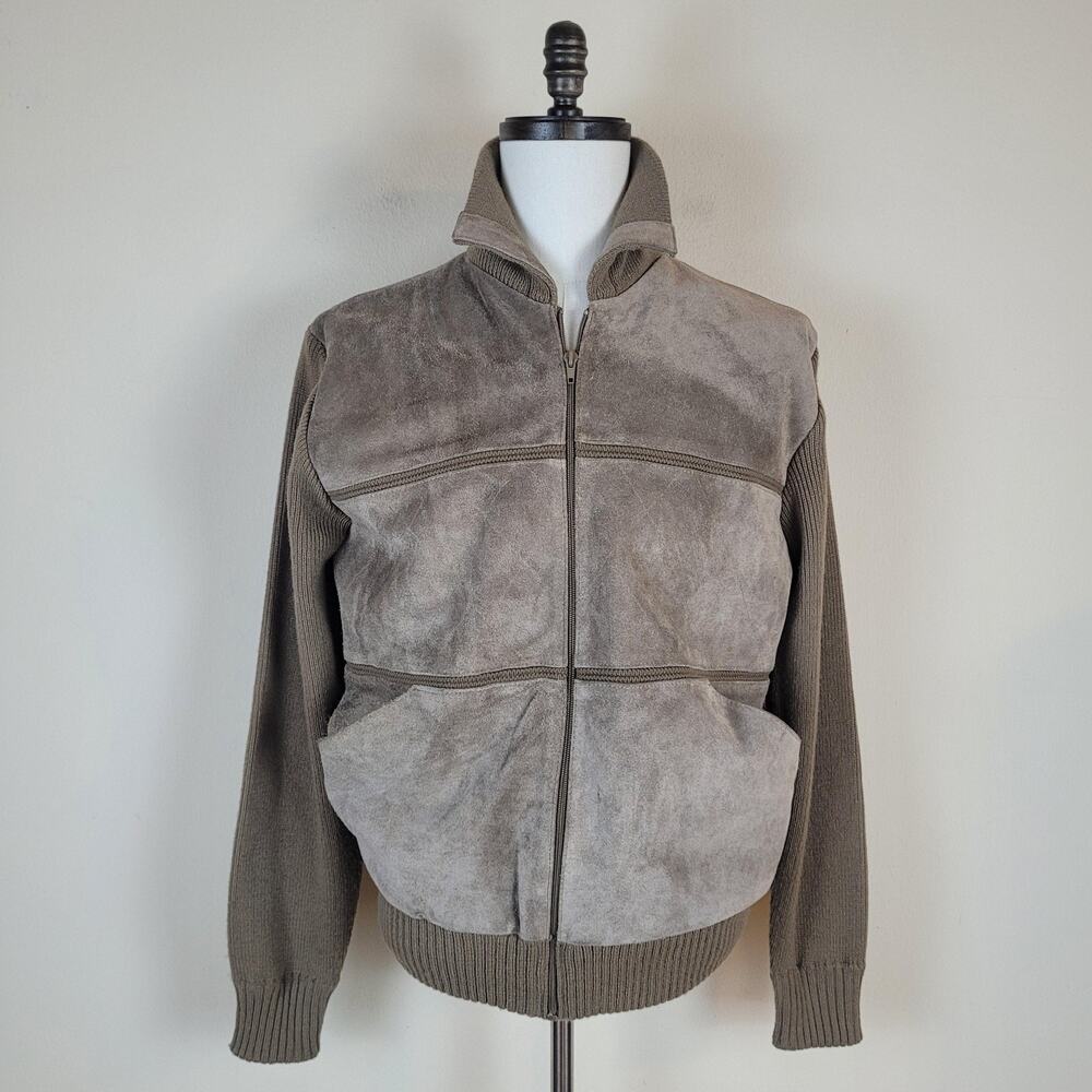 Vintage Mister Man Jacket Mens Large Brown Suede Leather Knit Bomber Zip Casual